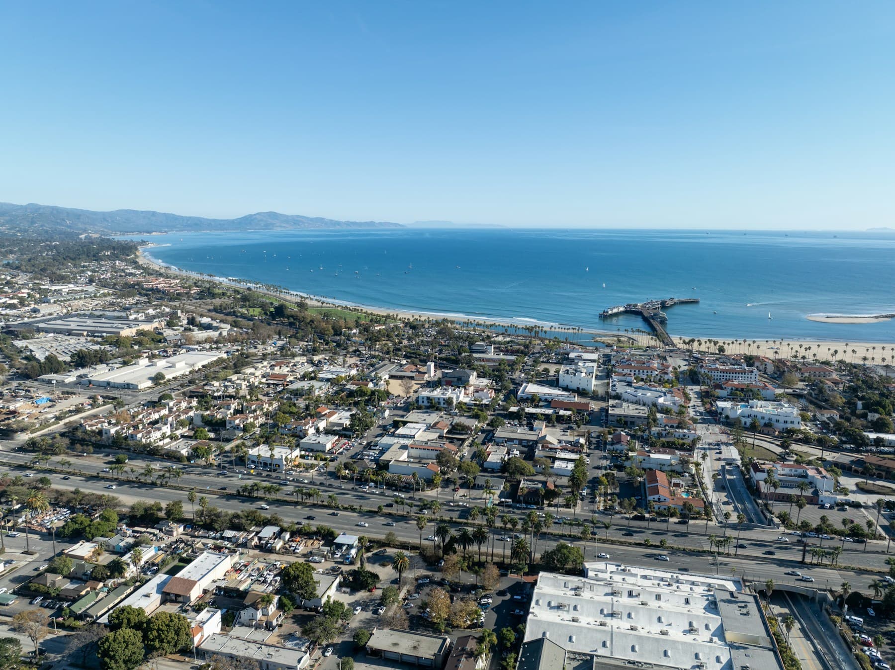 Aerial photograph of Santa Barbara, California, meeting the Pacific Ocean