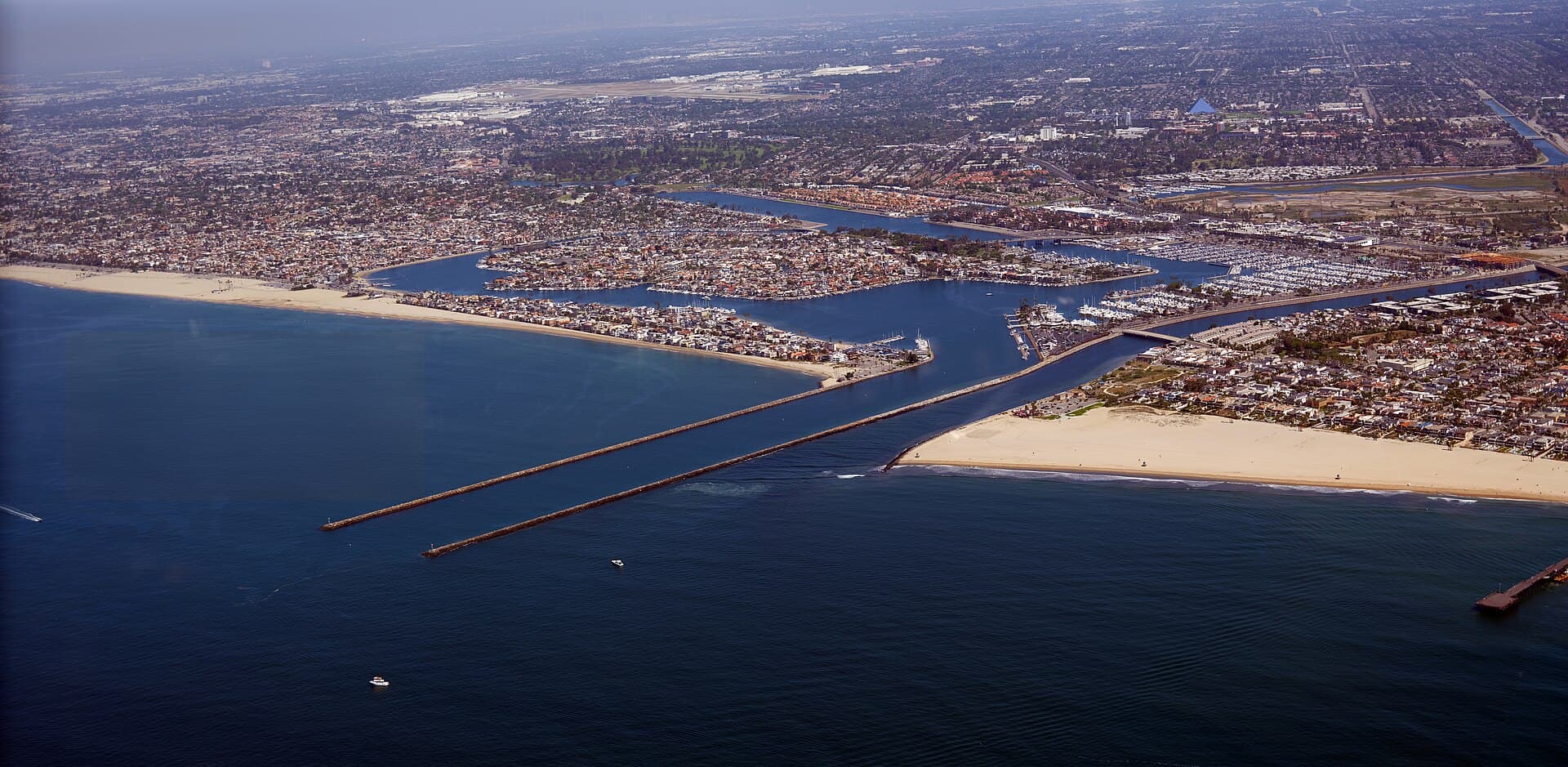 Aerial view of the Alamitos Bay entrance jetties and marina in Long Beach, California, photographed April 15, 2026 (file photo)