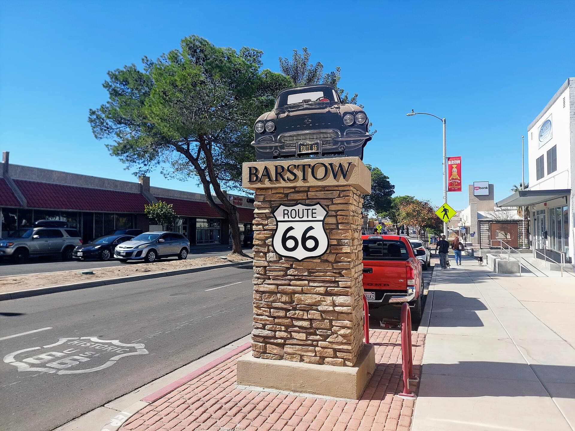 A Barstow Route 66 marker on Main Street, part of the route followed by the city's Mardi Gras Halloween Parade (file photo, Oct. 2023)