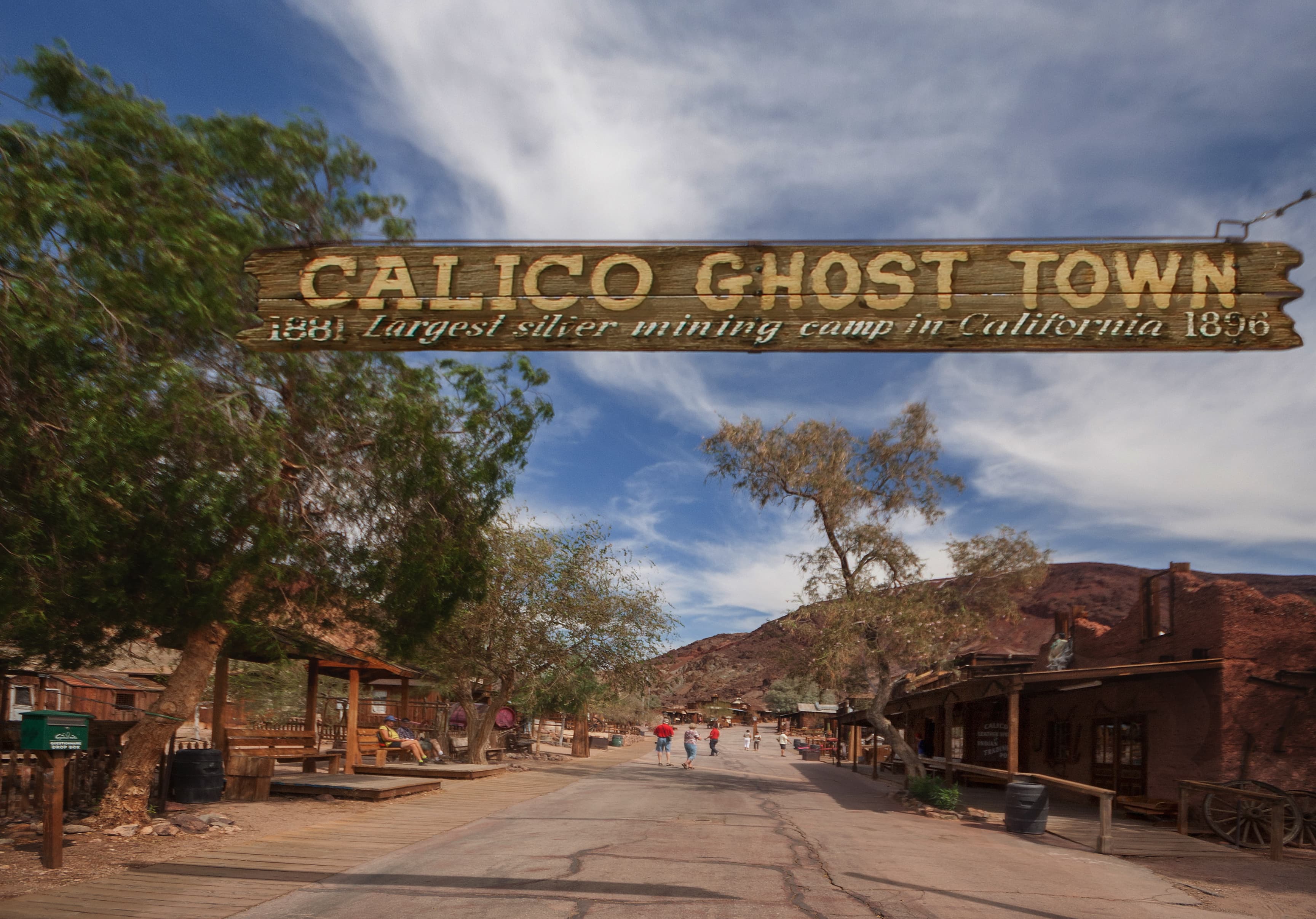 The wooden entrance sign over Main Street at Calico Ghost Town, a restored 1880s silver-mining camp and county regional park near Yermo, San Bernardino County