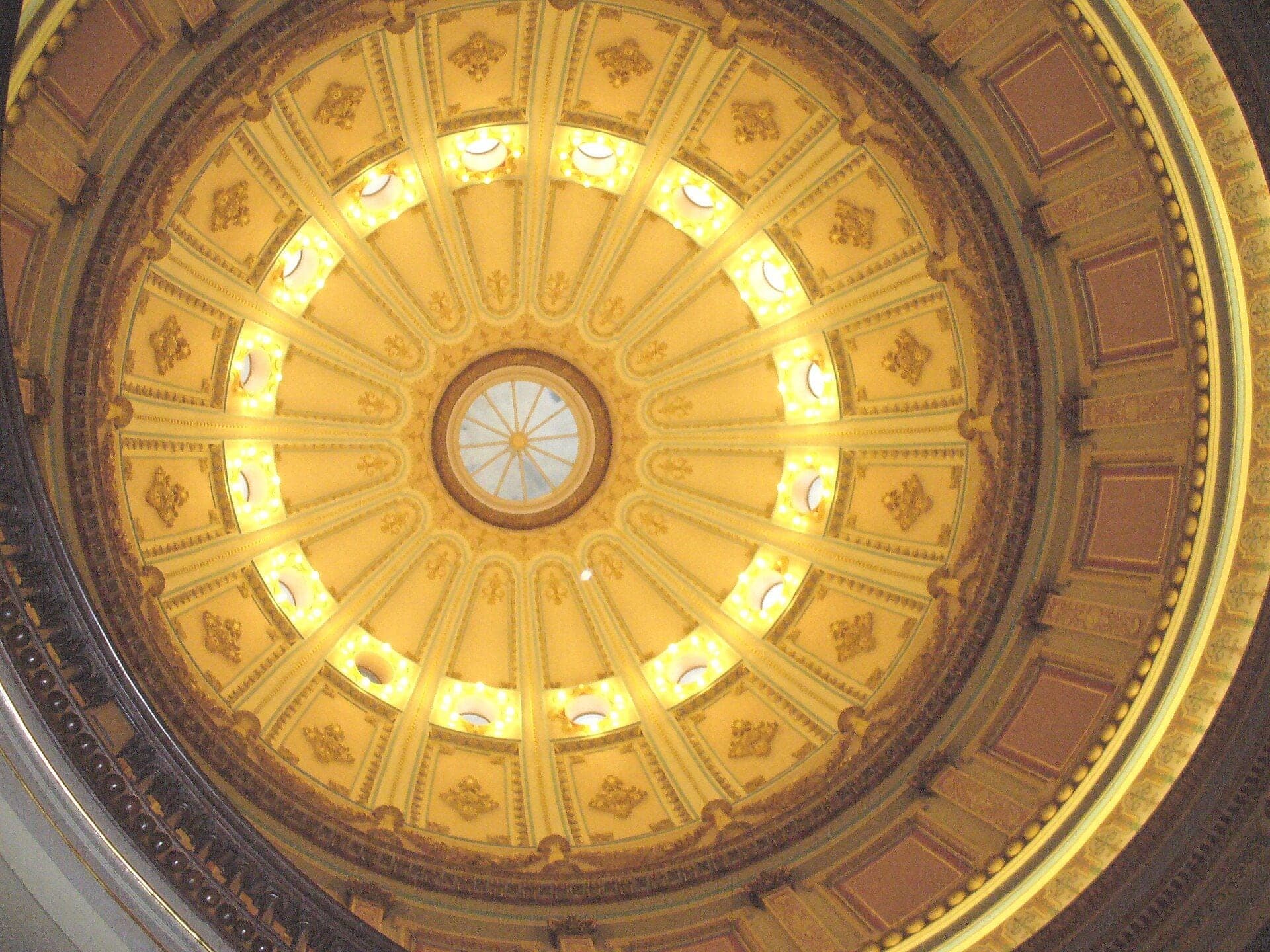 Looking up into the dome of the rotunda of the California State Capitol in Sacramento
