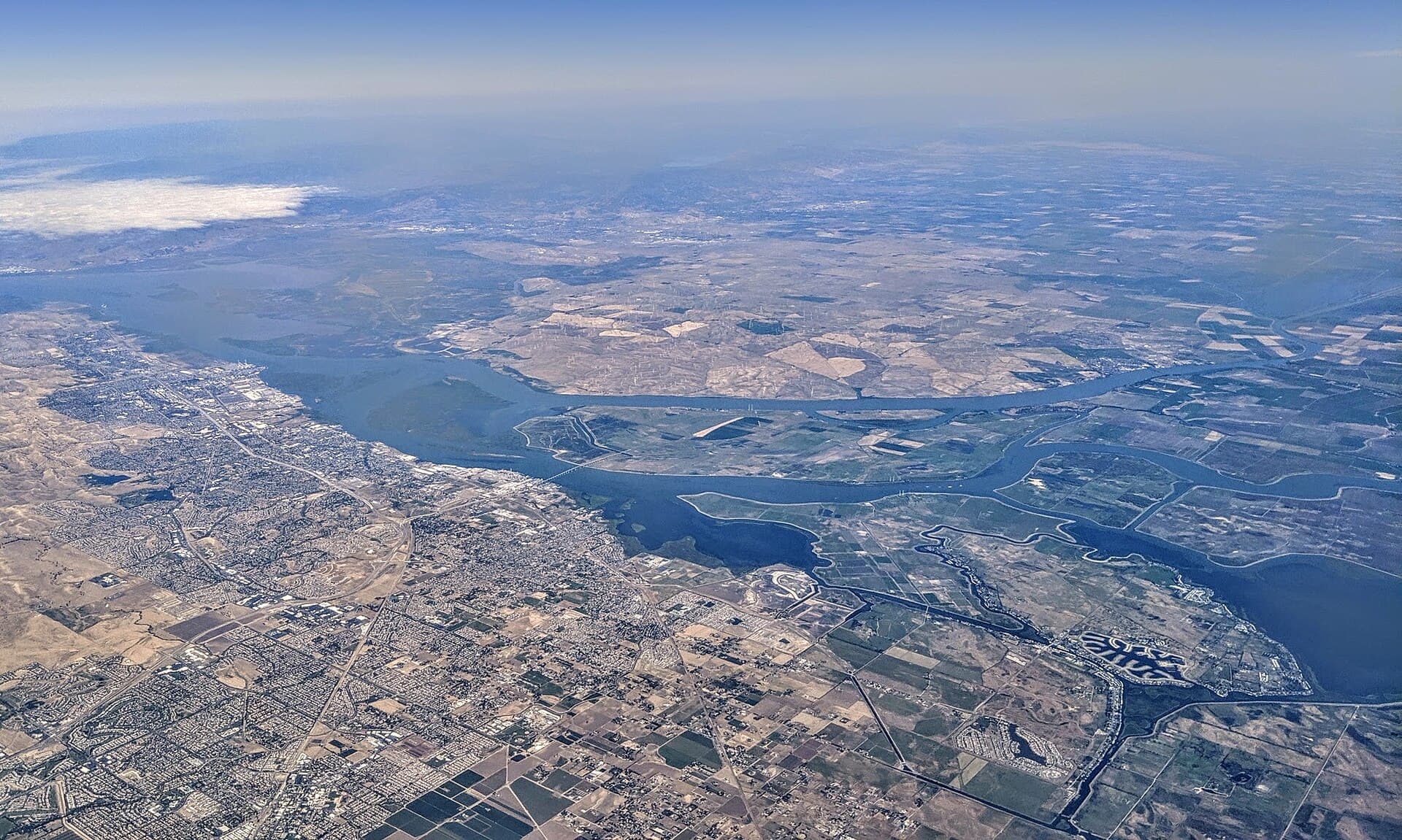 Aerial view of the confluence of the San Joaquin and Sacramento rivers in the western Sacramento-San Joaquin Delta, with Antioch on the near shore, May 31, 2019 (file photo)