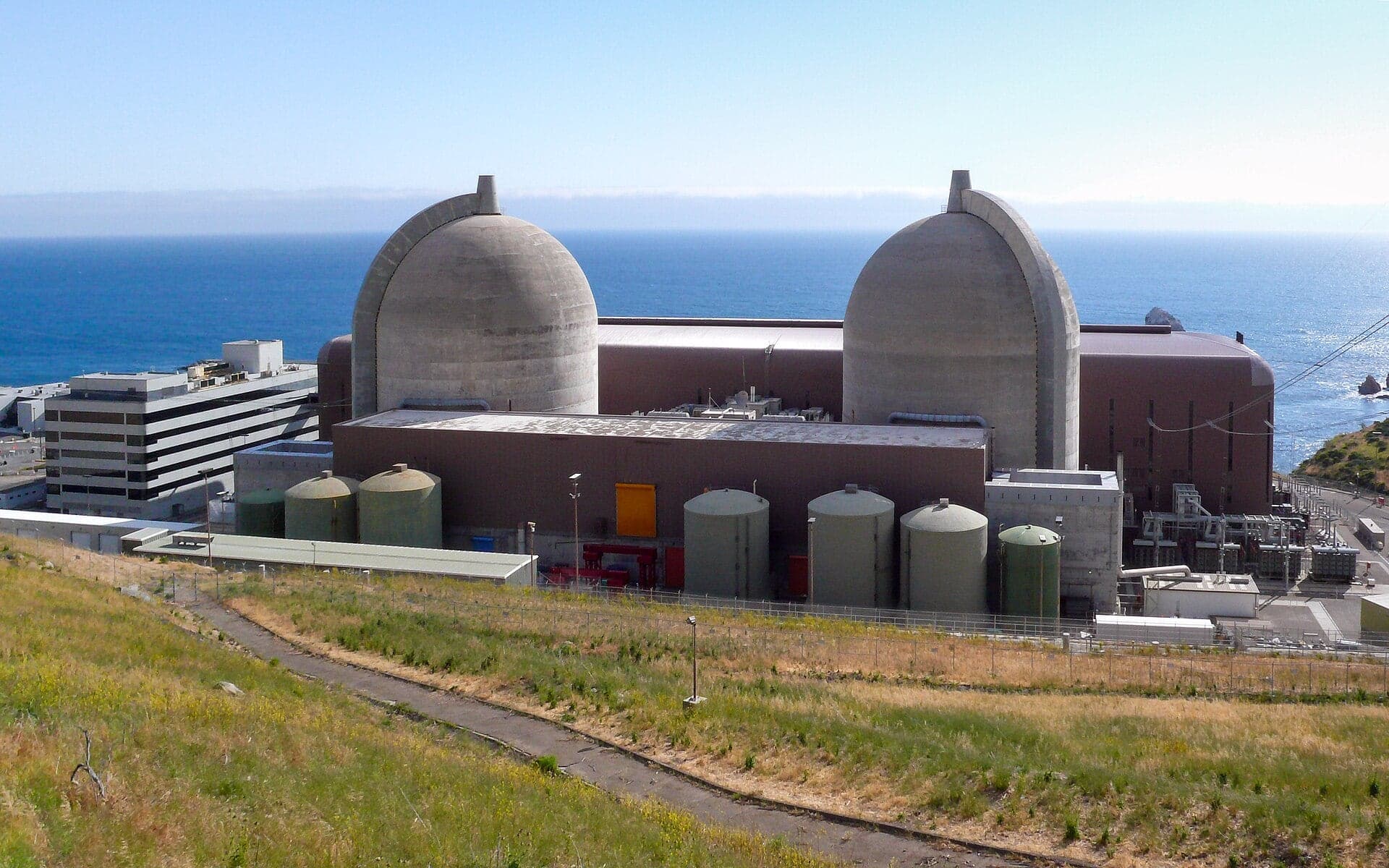 The two concrete reactor containment domes of the Diablo Canyon Power Plant on the San Luis Obispo County coast, with the Pacific Ocean behind