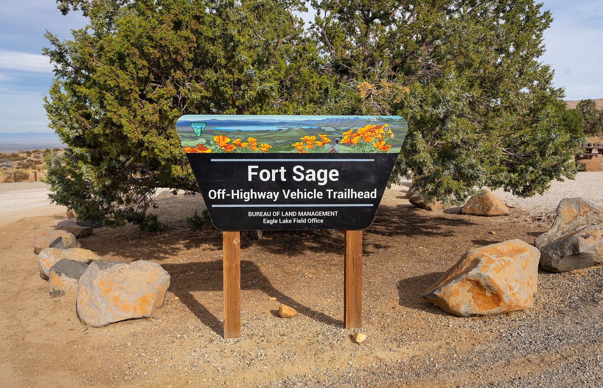 The trailhead sign at the Bureau of Land Management’s Fort Sage Off-Highway Vehicle Area near Doyle in Lassen County, Oct. 17, 2023 (BLM file photo)