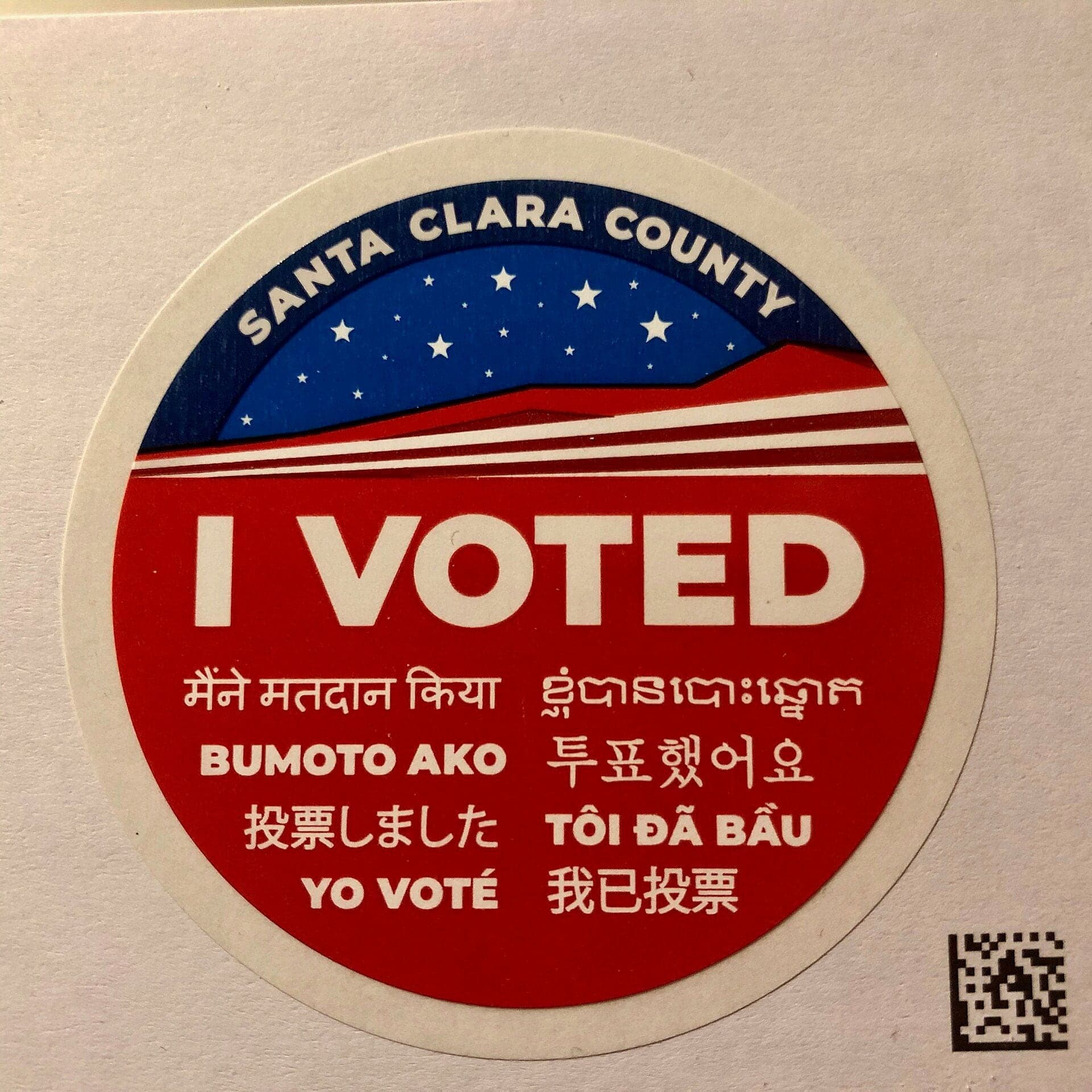 A Santa Clara County "I Voted" sticker printed in English and eight other languages