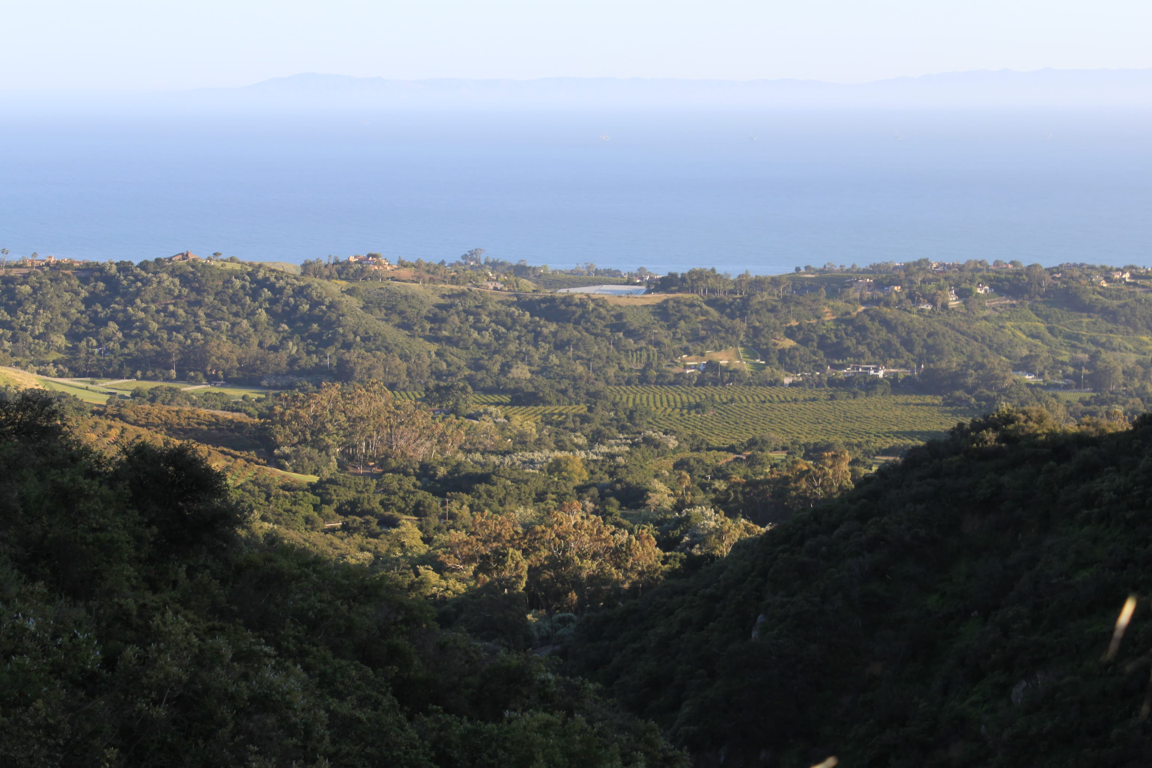 View of southern Montecito and upper Summerland from the Santa Ynez Mountains in Santa Barbara County, looking toward the Channel Islands