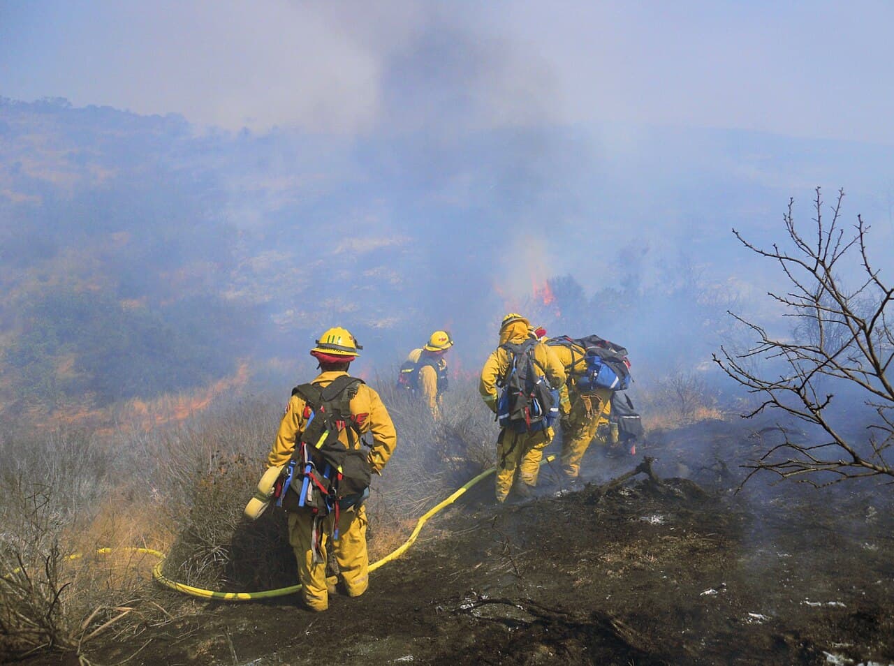 A fire crew working a hose lay through smoke on a burning California hillside