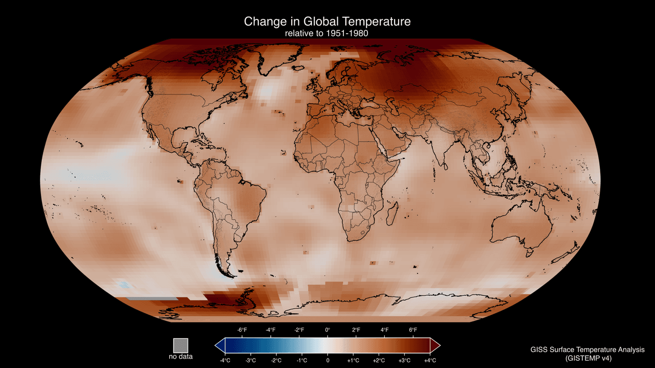 A global map of surface temperature anomalies relative to the 1951-1980 average, deep red across most land masses