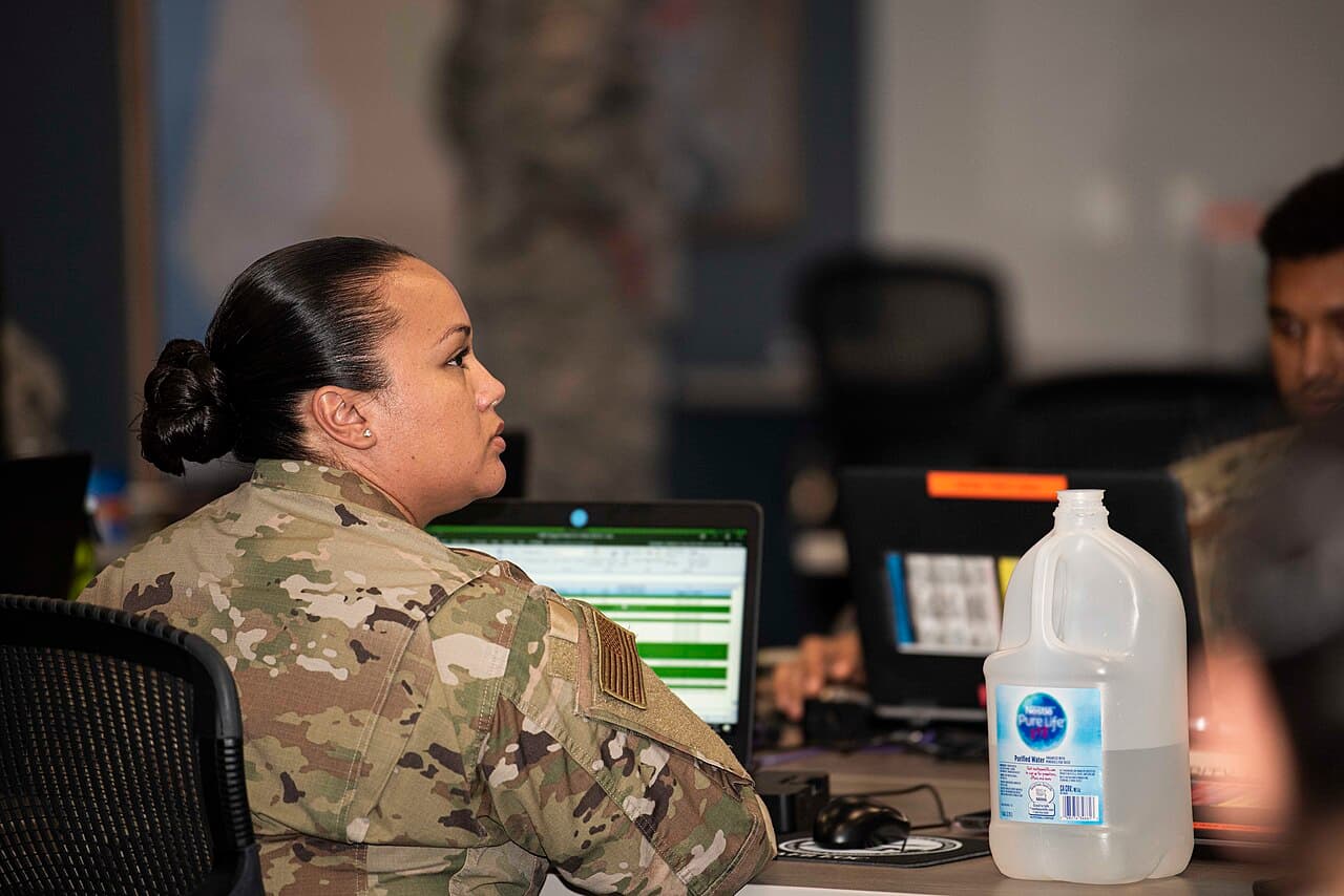 Personnel at an emergency operations centre at Vandenberg Air Force Base in California