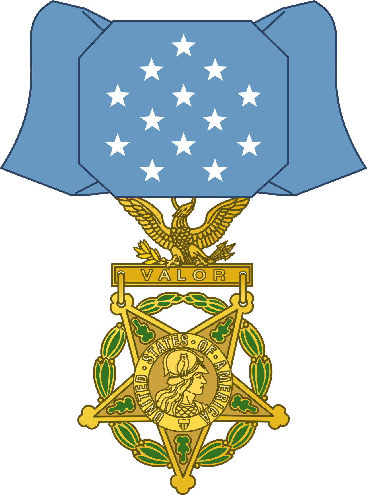 The obverse of the United States Army Medal of Honor, its star suspended from a pale blue ribbon