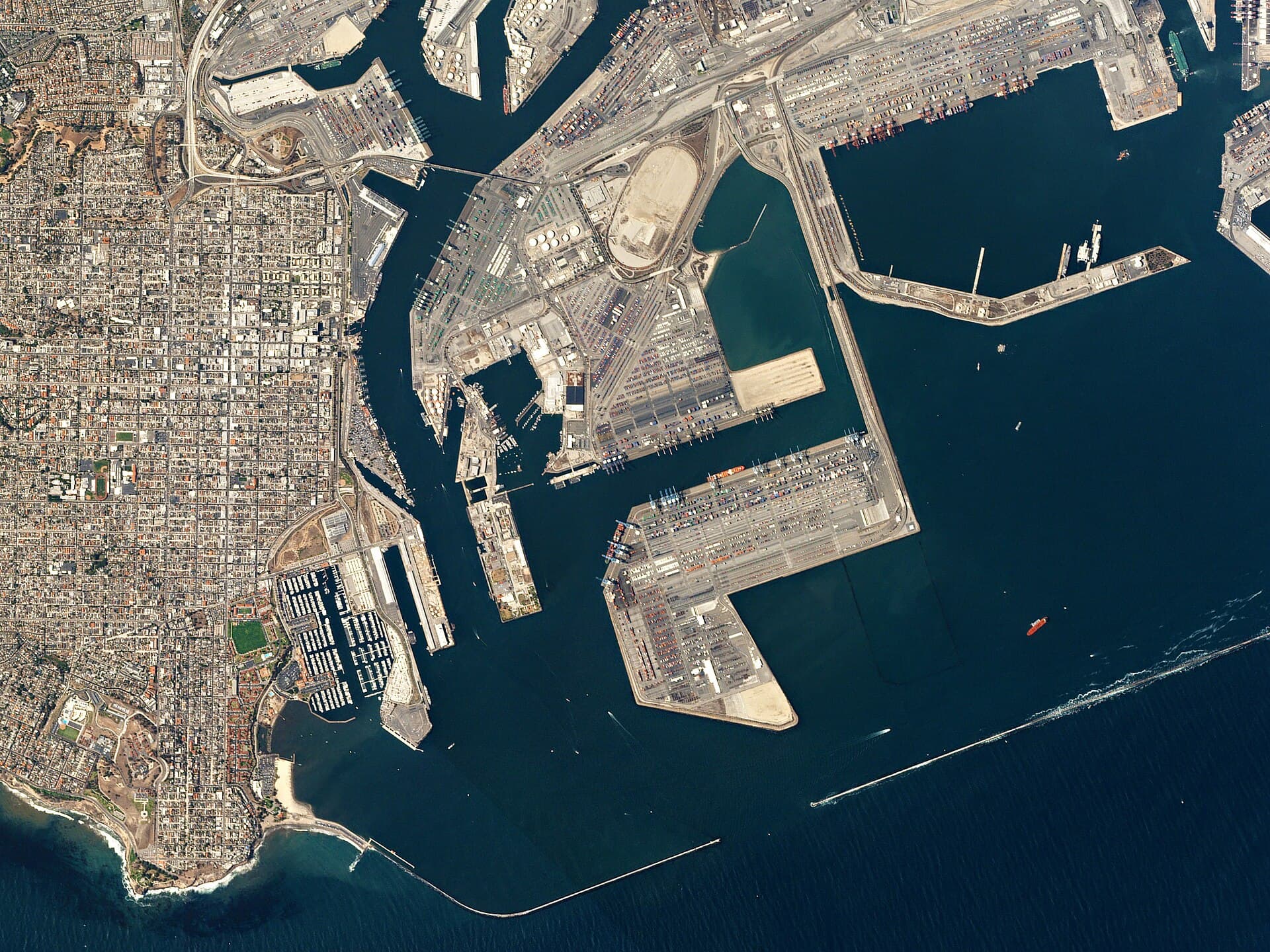 Satellite view of container terminals and shipping channels at the Port of Long Beach, California