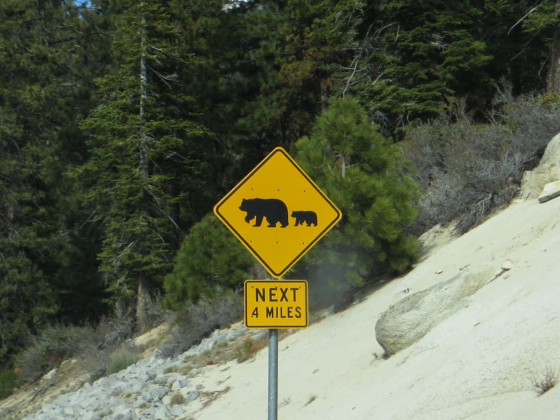 A bear-and-cub crossing sign reading "Next 4 miles" on Nevada State Route 28 at Incline Village, on Lake Tahoe's northeast shore, March 2015 (file photo)