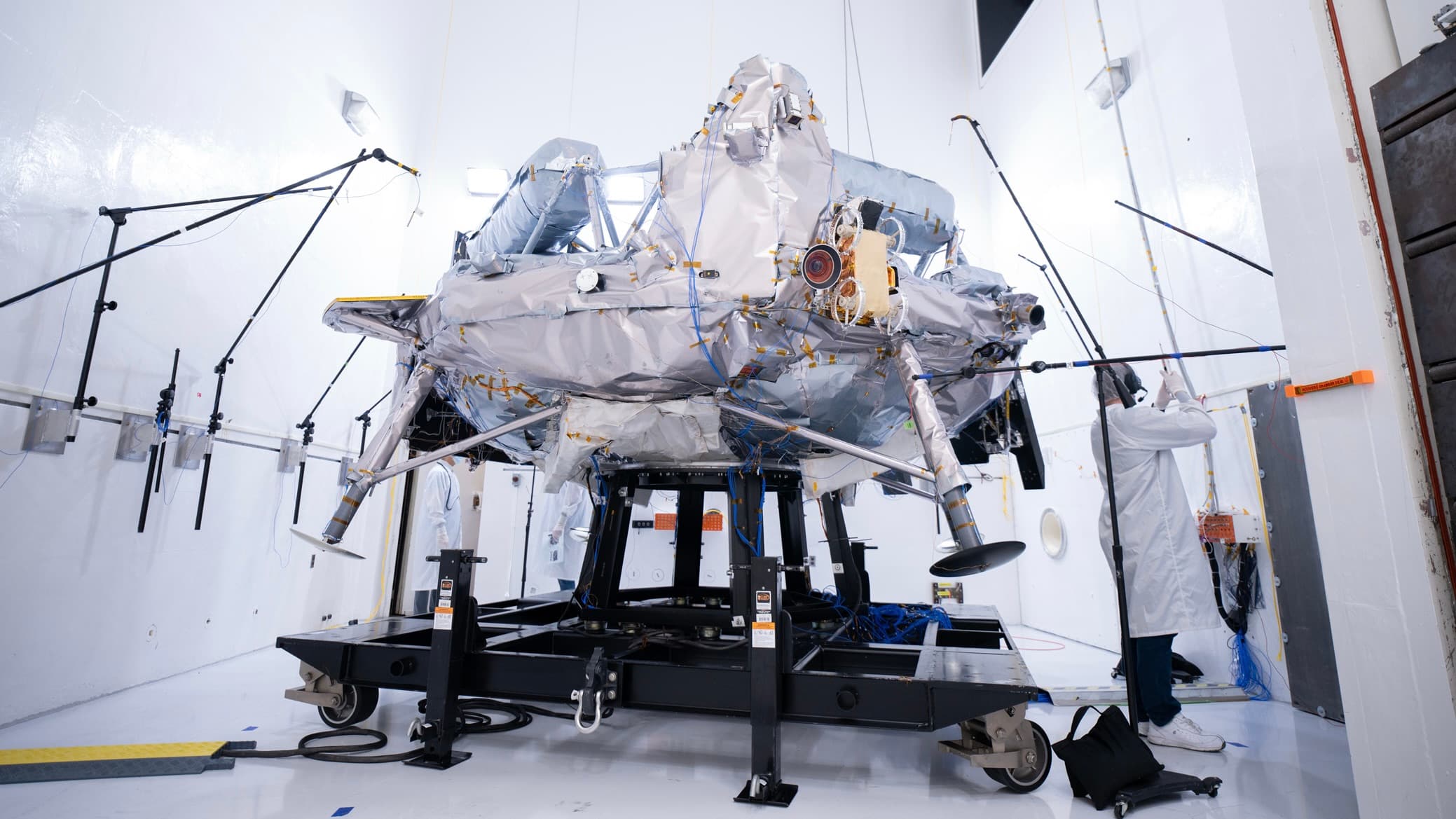 Microphones surround Voyager Technologies’ Griffin-1 lunar lander during acoustic testing at NASA’s Jet Propulsion Laboratory in Southern California on Aug. 12, 2026.