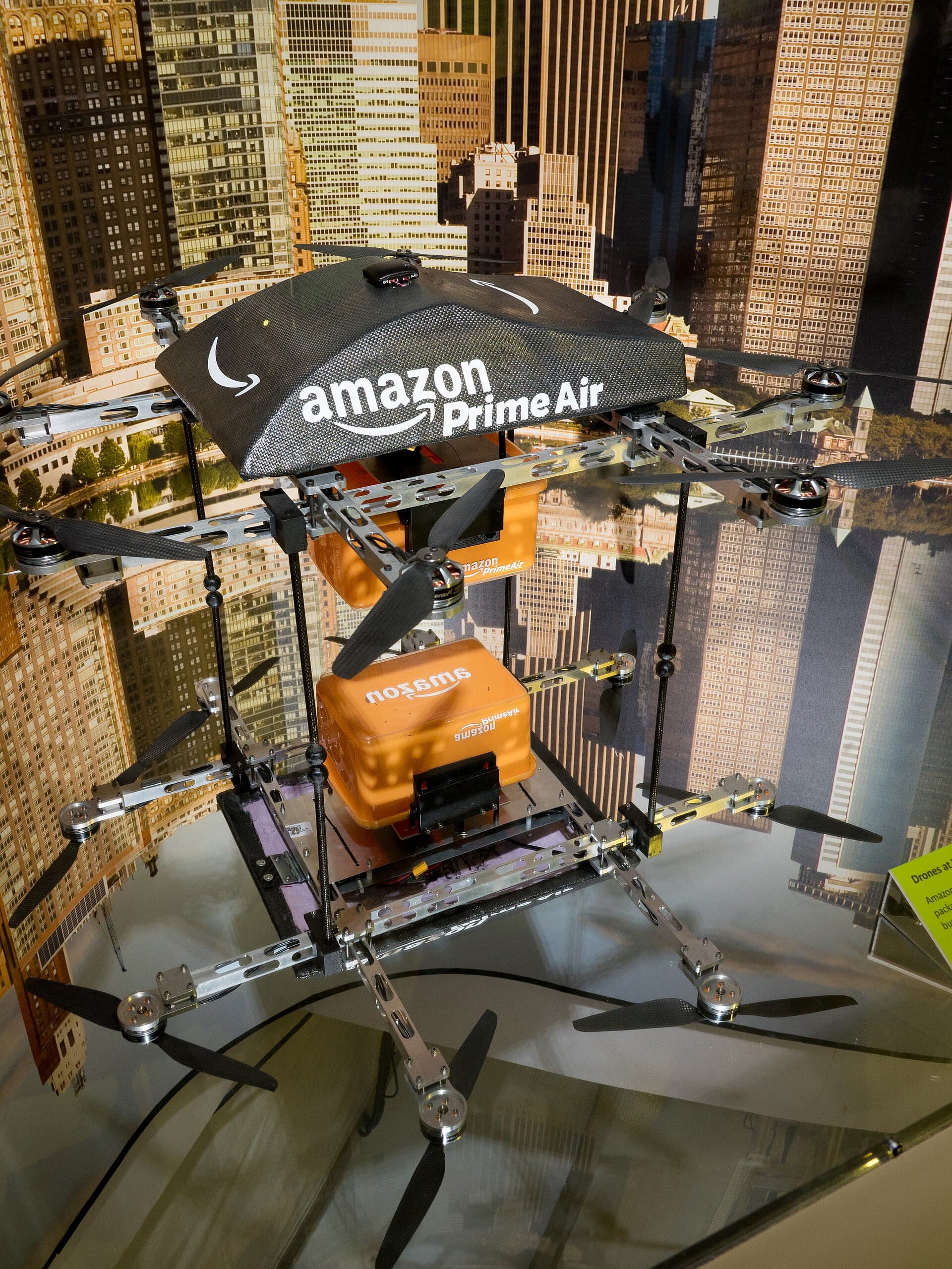An Amazon Prime Air delivery drone on display at the Intrepid Sea, Air & Space Museum in New York in 2017