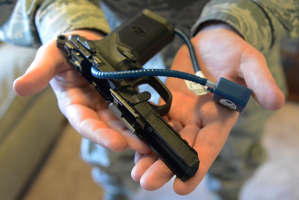 Cable gun locks, a common safe-storage device for firearms, photographed in 2016 (U.S. Air Force file photo)