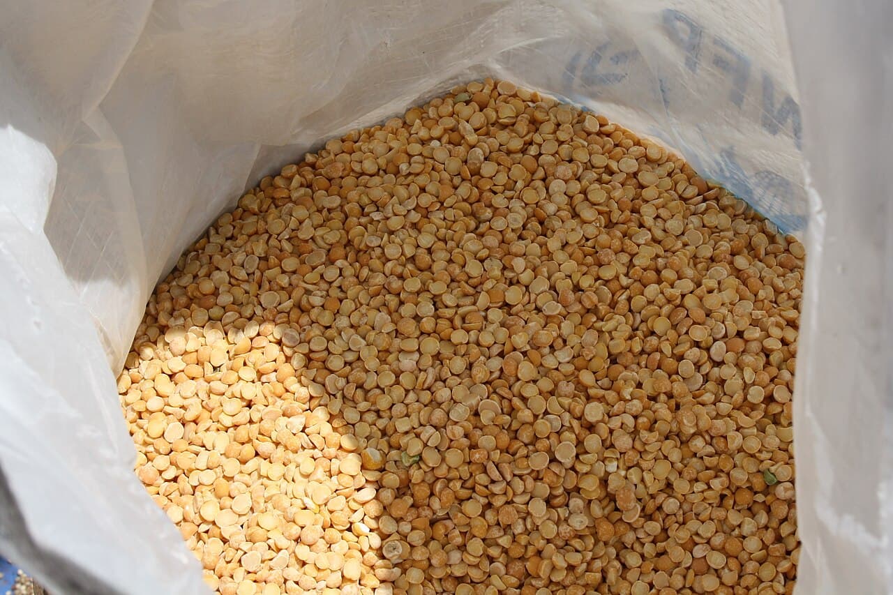 An open sack of split peas awaiting distribution at a World Food Programme aid site