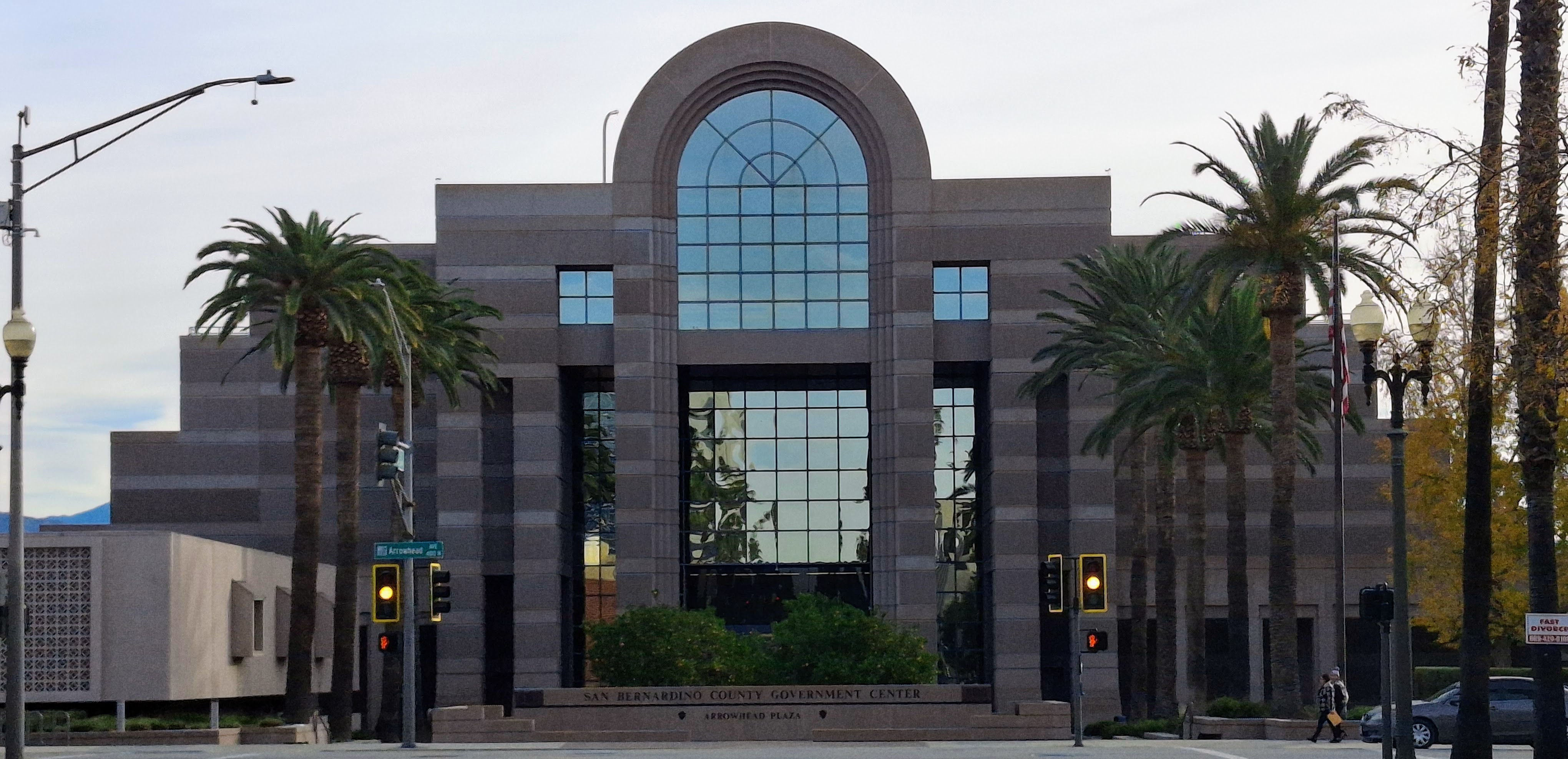 The San Bernardino County Government Center on Arrowhead Avenue in downtown San Bernardino, the seat of county government